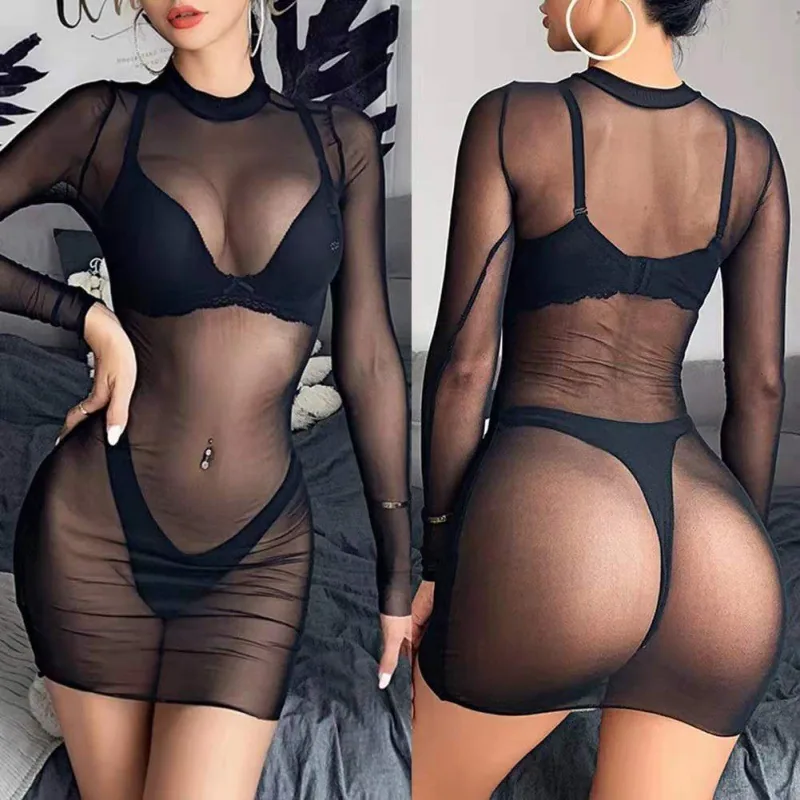 Conjunto de bikini de manga larga de malla transparente
