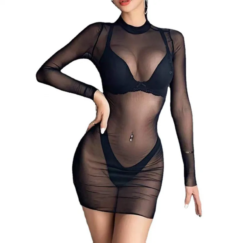 Conjunto de bikini de manga larga de malla transparente