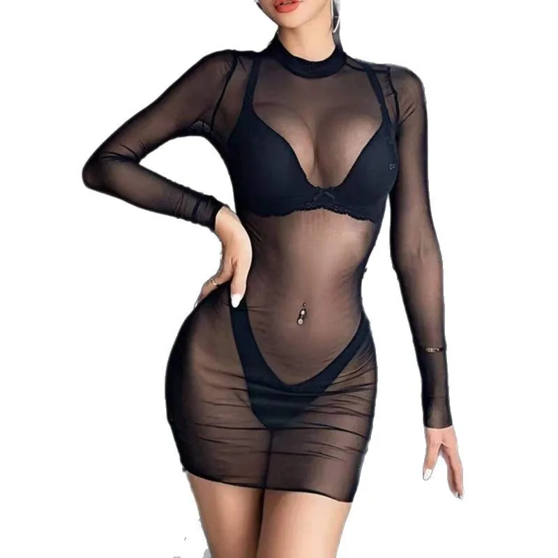 Conjunto de bikini de manga larga de malla transparente