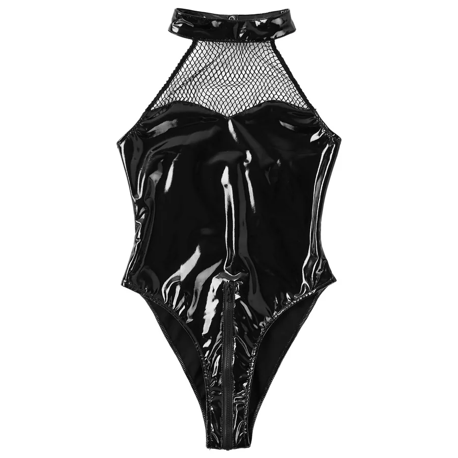 Body halter sin espalda de malla y charol