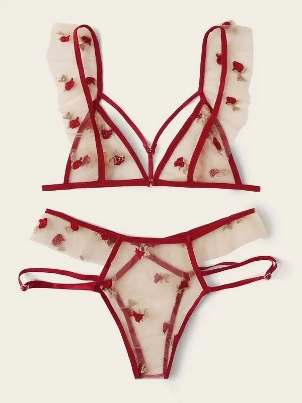 Driedelige mesh lingerieset met hartmotief