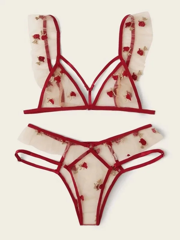 Driedelige mesh lingerieset met hartmotief