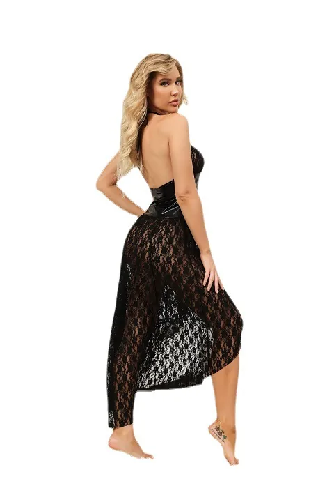 Langes Kleid aus transparentem Mesh und Lackleder