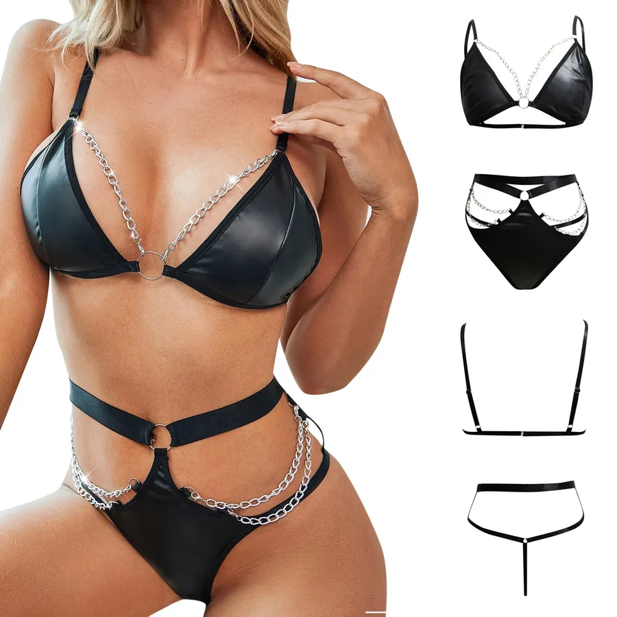 Set intimo tre pezzi in pelle verniciata con catena