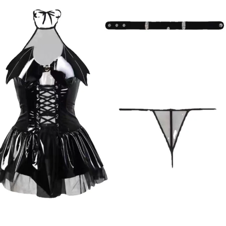 Conjunto de disfraz de minivestido halter de cuero PU