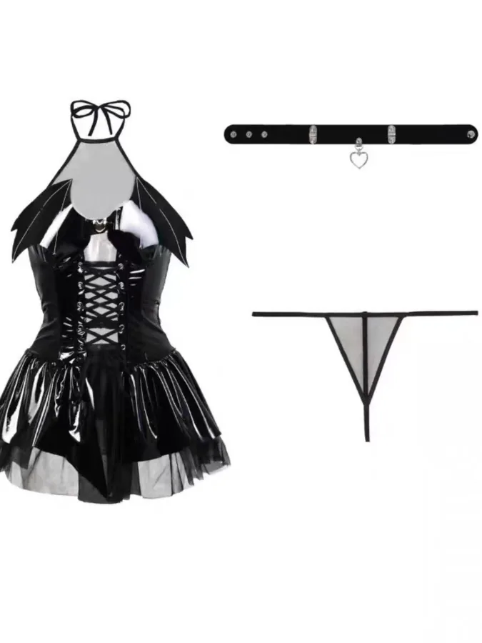 Conjunto de disfraz de minivestido halter de cuero PU