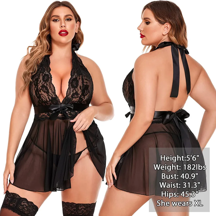 Conjunto de camisón halter de malla con lazo