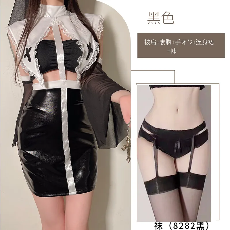 Conjunto de disfraz de rol de monja de cuero sintético