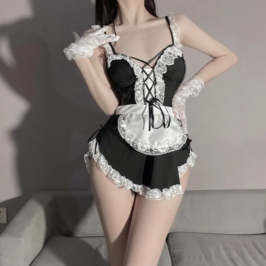 Sexy dienstmeid-roleplaykostuum met bandjes