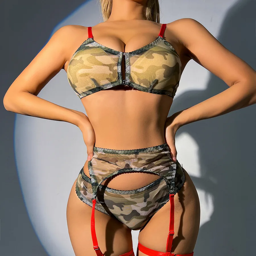 Conjunto de sujetador de dos piezas de malla camuflaje