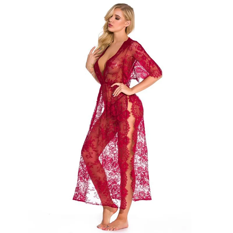 Set vestaglia lunga con ritagli in pizzo e mesh