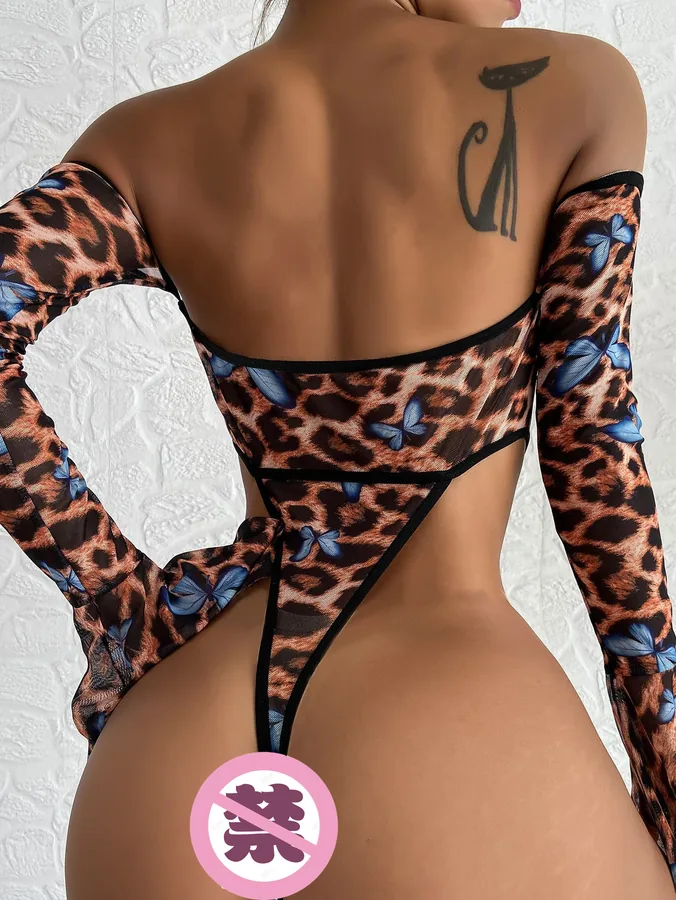 Langärmliges schulterfreies Bodysuit-Set mit Leopardenmuster