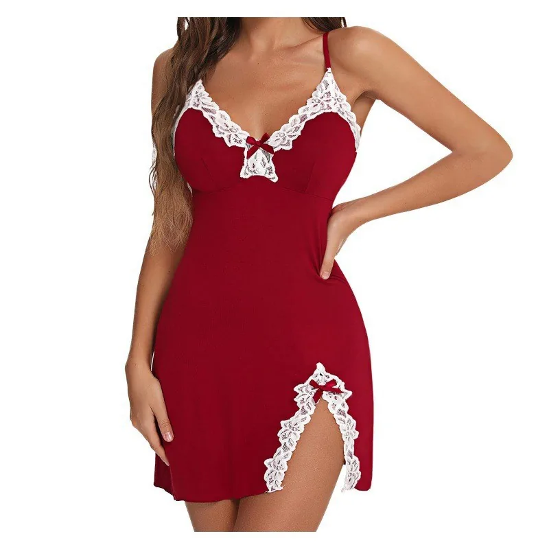 Djup V-ringning med rosett och slits, camisole-nattlinne-set