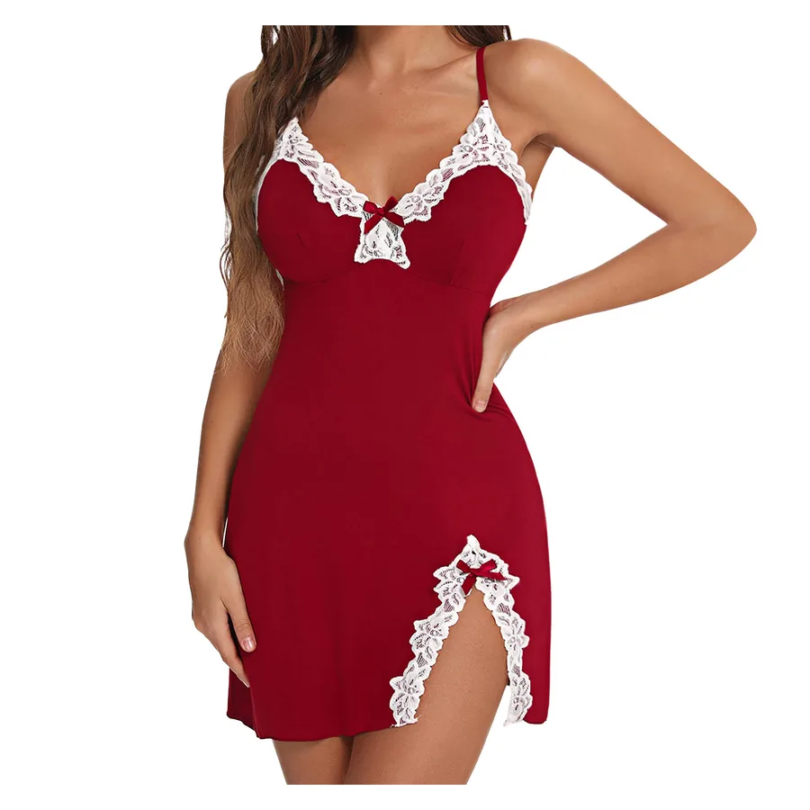 Djup V-ringning med rosett och slits, camisole-nattlinne-set