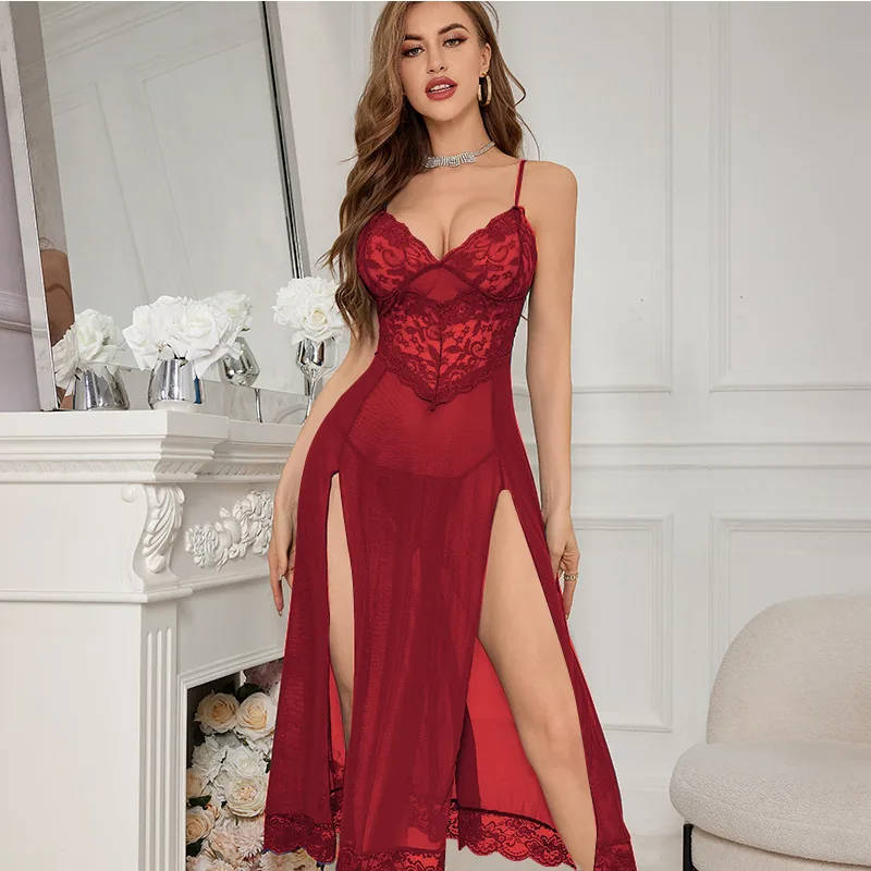 Langes Nachthemd-Set mit Spitzen-Mesh und Schlitz
