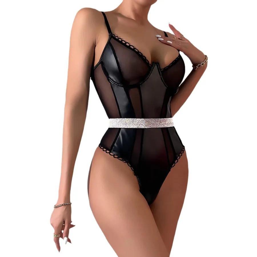 Body modellante in pelle verniciata e rete