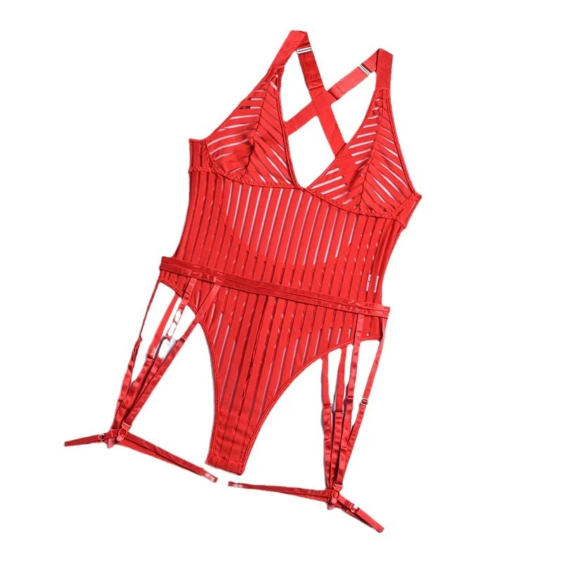 Conjunto de body con ligueros de malla a rayas