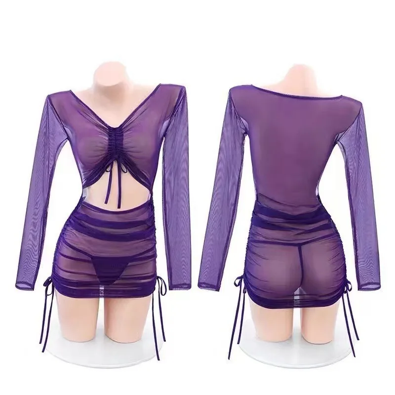 Lencería de body transparente morado con aberturas