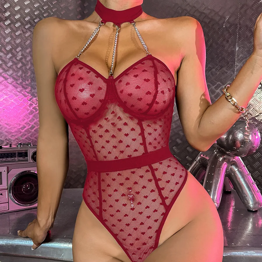 Conjunto de bodysuit transparente de malha com bolinhas