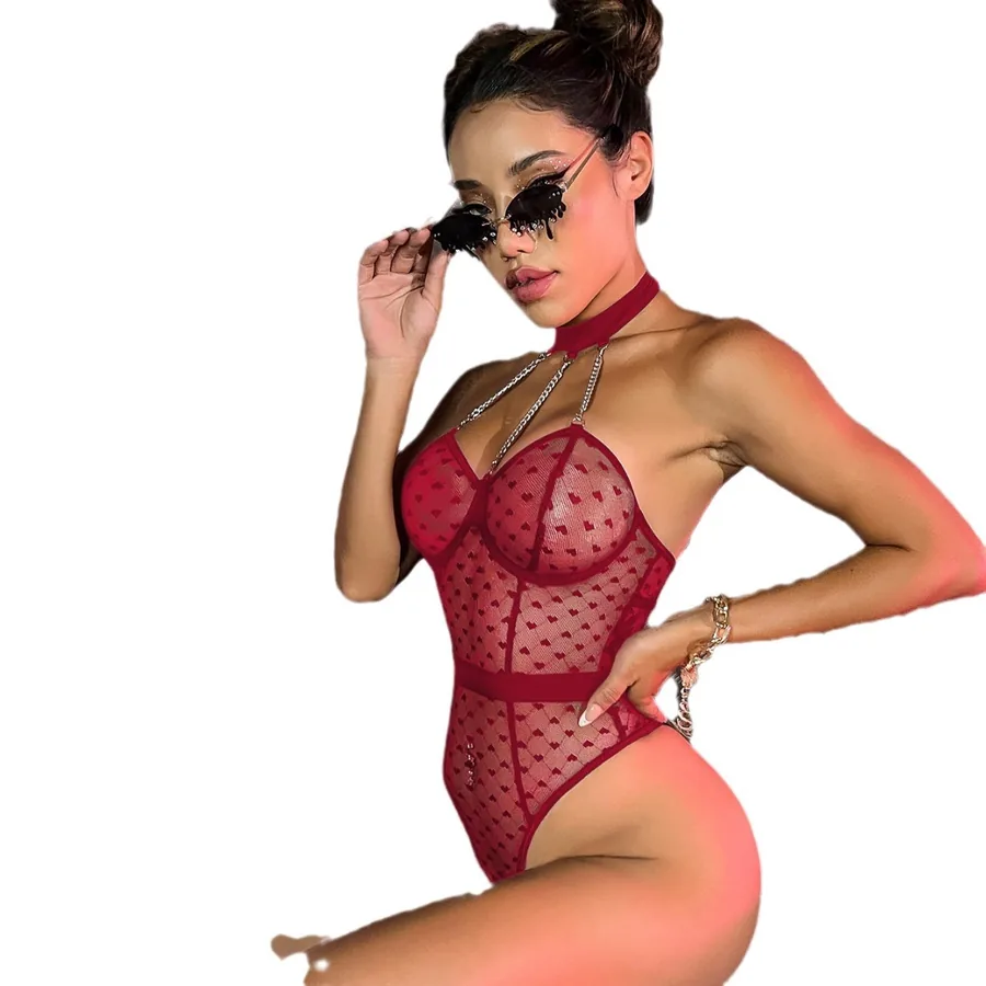 Conjunto de bodysuit transparente de malha com bolinhas