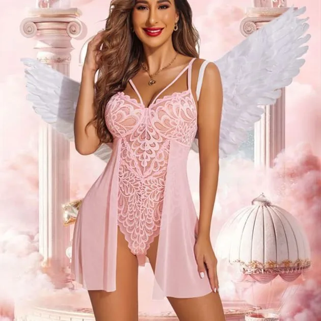 Conjunto de bodysuit com camisola de alças em renda e malha