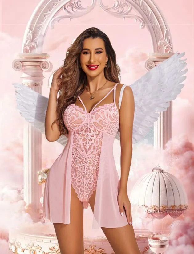 Conjunto de bodysuit com camisola de alças em renda e malha