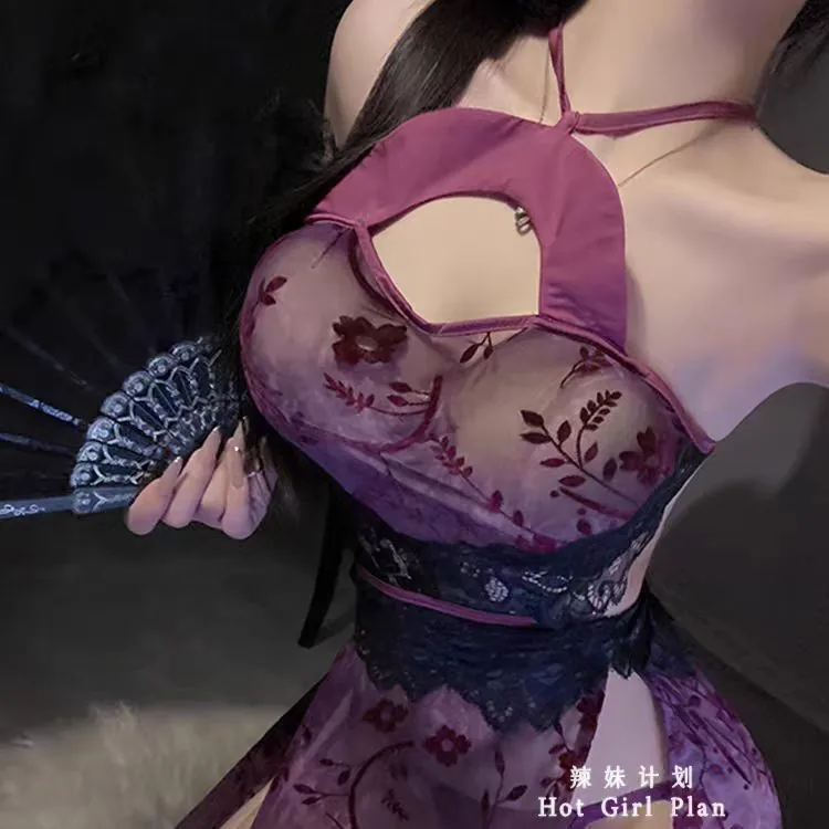 Lila Qipao-Schnür-Rollenspielkostüm