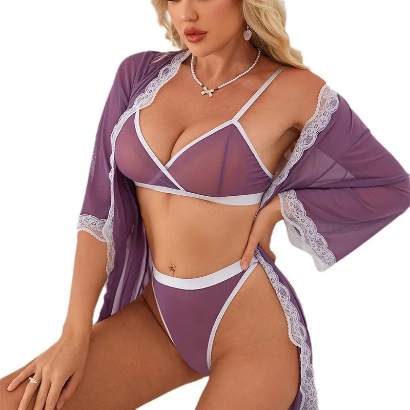 Lingerie- und Morgenmantel-Set aus einfarbigem Mesh