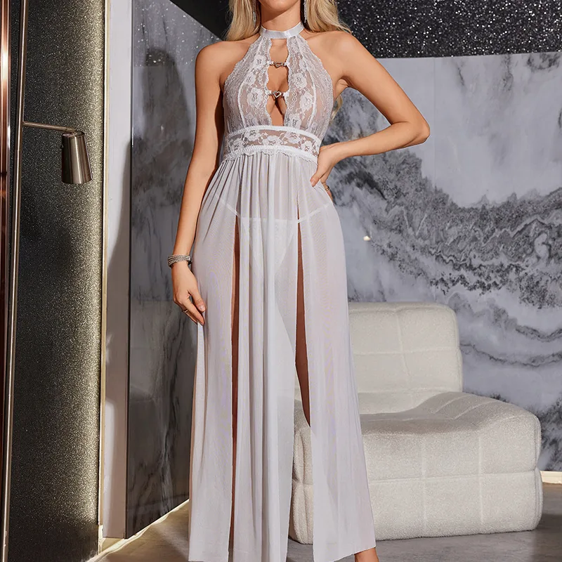 Set abito lungo con spacco e allacciatura al collo in mesh trasparente