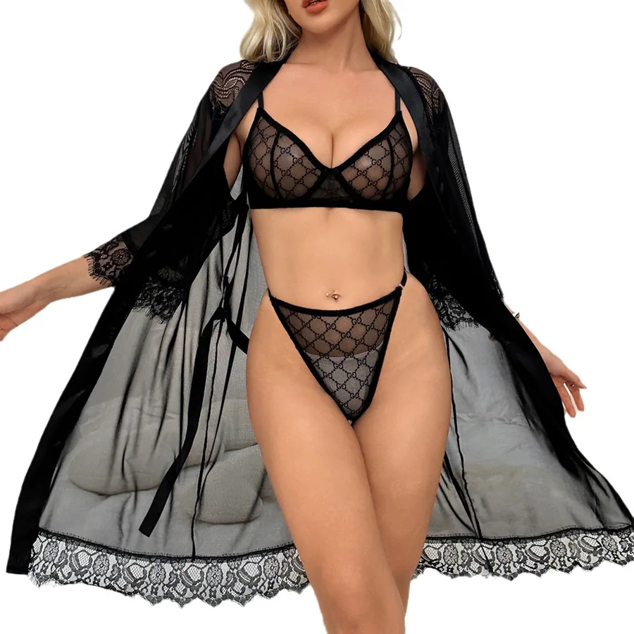 Conjunto de Lingerie de Três Peças em Malha