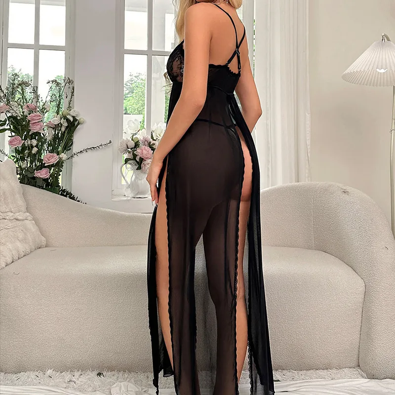 Set camicia da notte lunga con spacco e fiocco in mesh