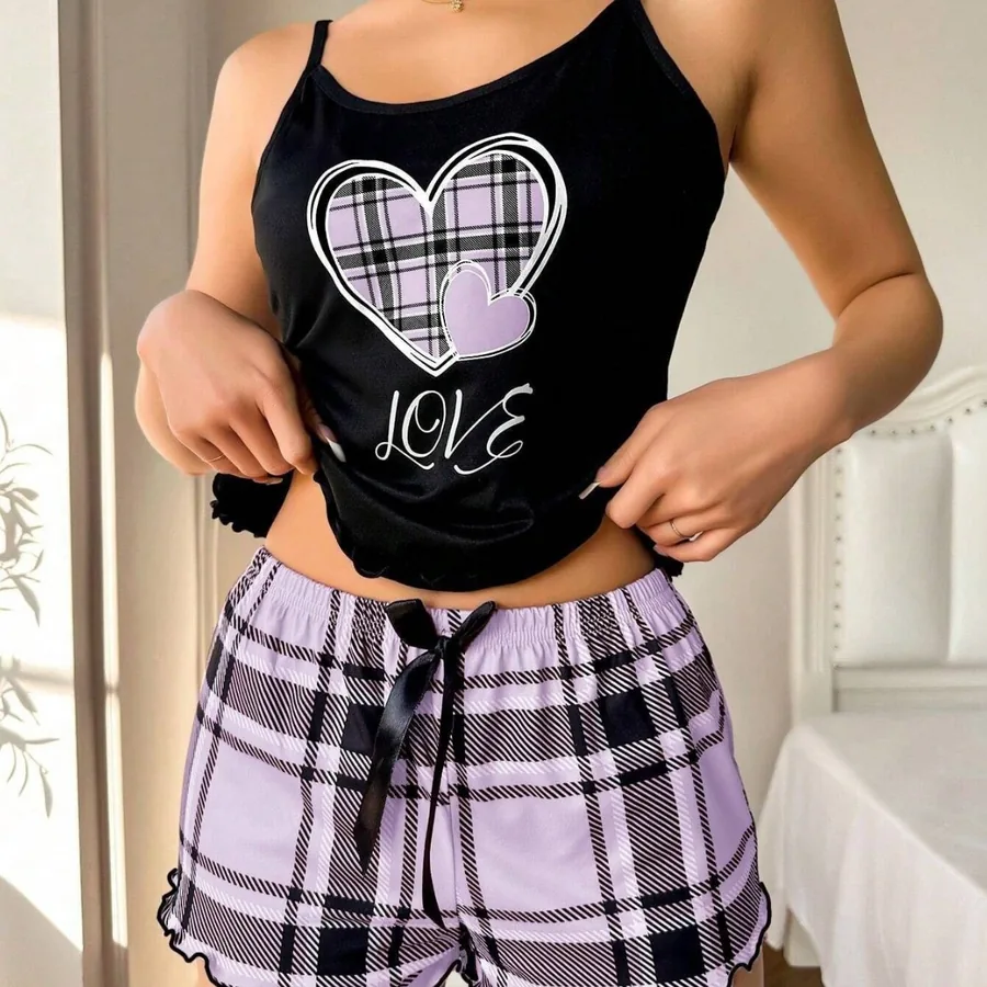 Pyjama-Set mit Trägertop mit Buchstabenprint und karierten Shorts
