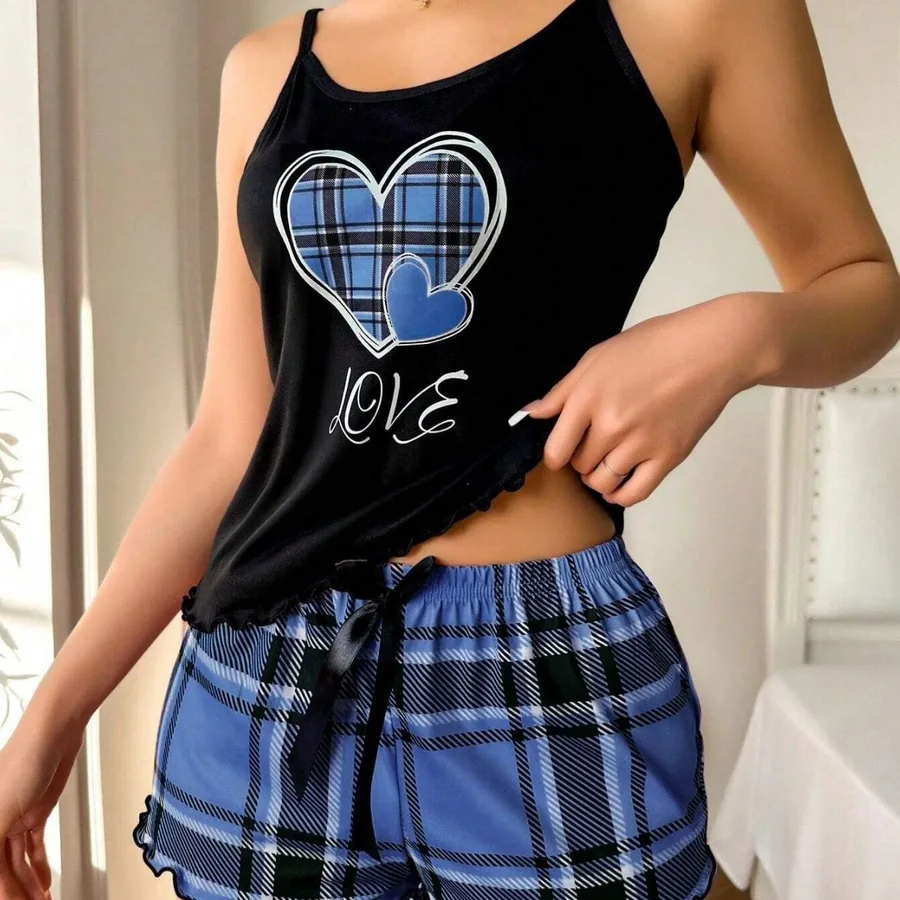 Pyjama-Set mit Trägertop mit Buchstabenprint und karierten Shorts