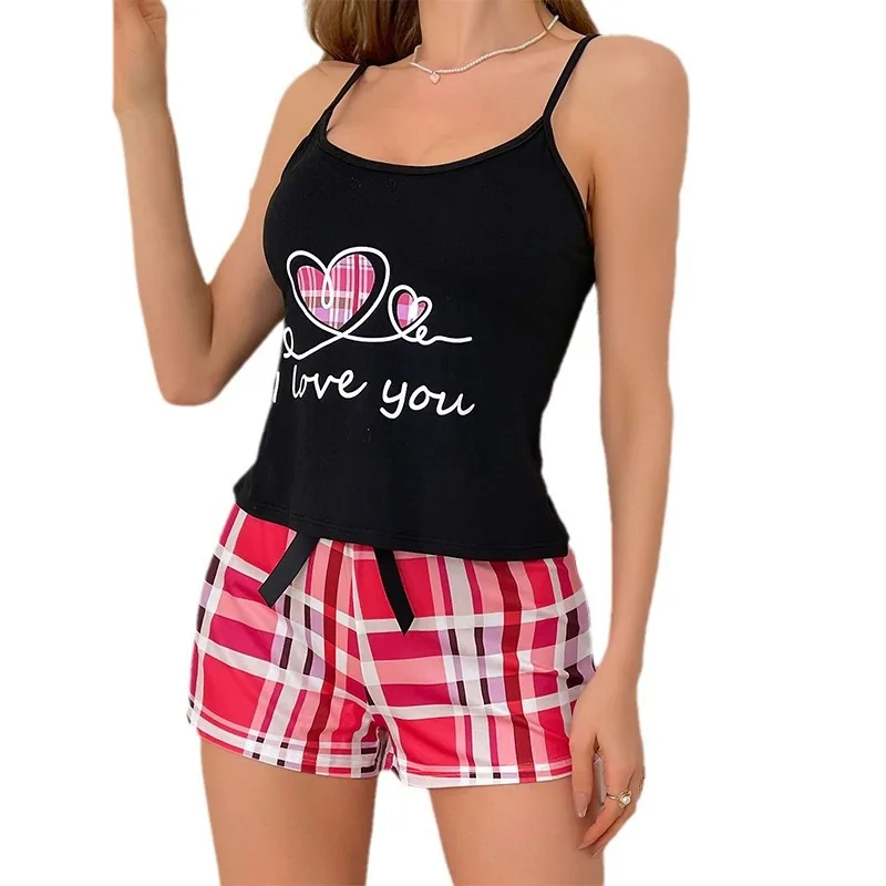 Pyjama-Set mit Trägertop mit Buchstabenprint und karierten Shorts