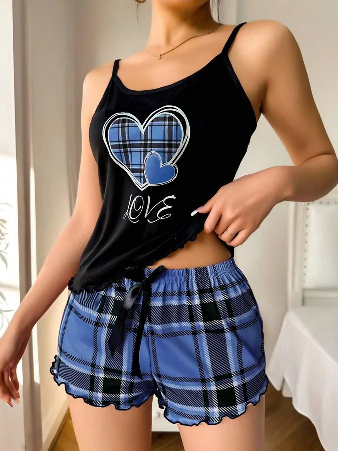 Pyjama-Set mit Trägertop mit Buchstabenprint und karierten Shorts