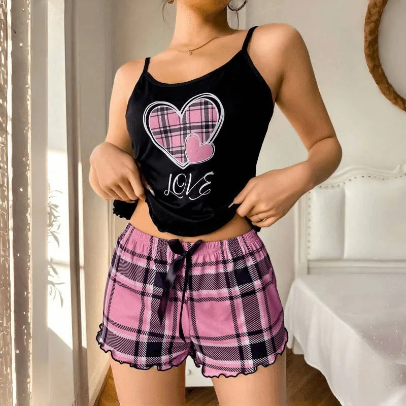 Pyjama-Set mit Trägertop mit Buchstabenprint und karierten Shorts