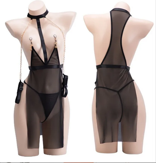Zestaw sukienki typu slip dress z siateczką i łańcuszkiem na szyi