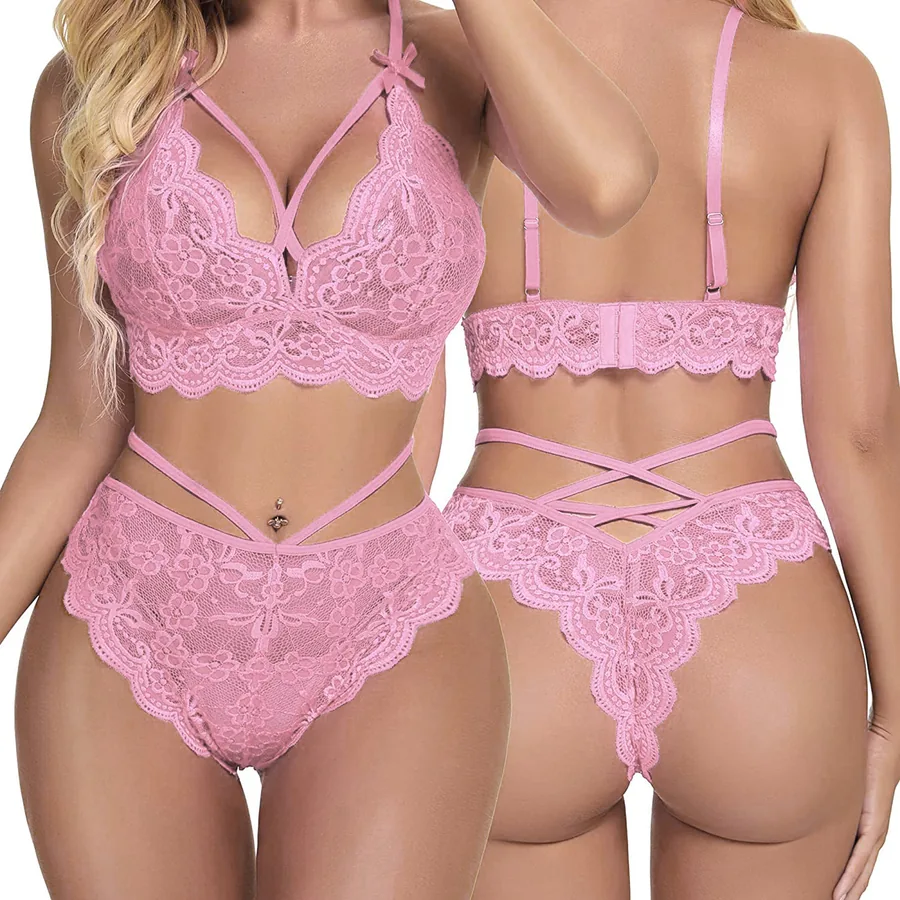Conjunto de Lencería de Encaje y Tul con Aberturas