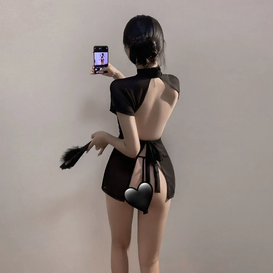 Przezroczysta koronkowa sukienka qipao na ramiączkach