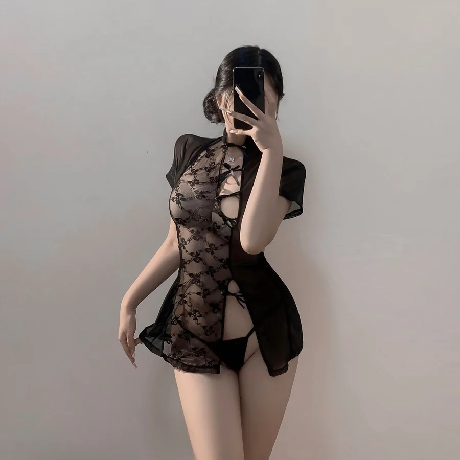 Przezroczysta koronkowa sukienka qipao na ramiączkach