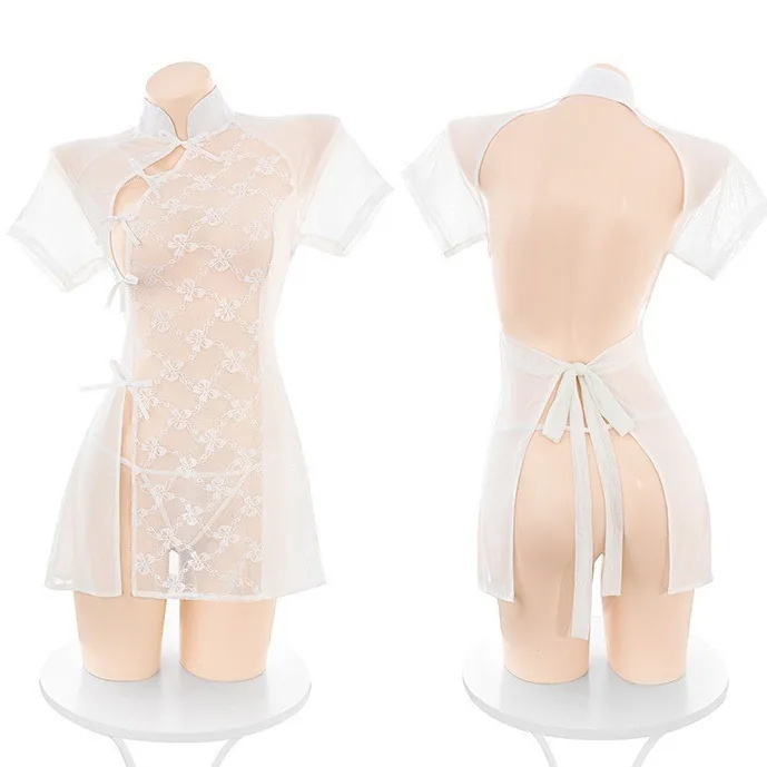 Przezroczysta koronkowa sukienka qipao na ramiączkach