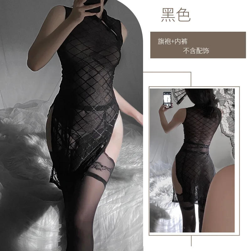 Przezroczysta koronkowa sukienka qipao na ramiączkach