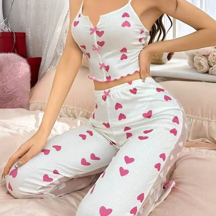 Pyjamaset met camelotop van mesh met print en kleurblokken