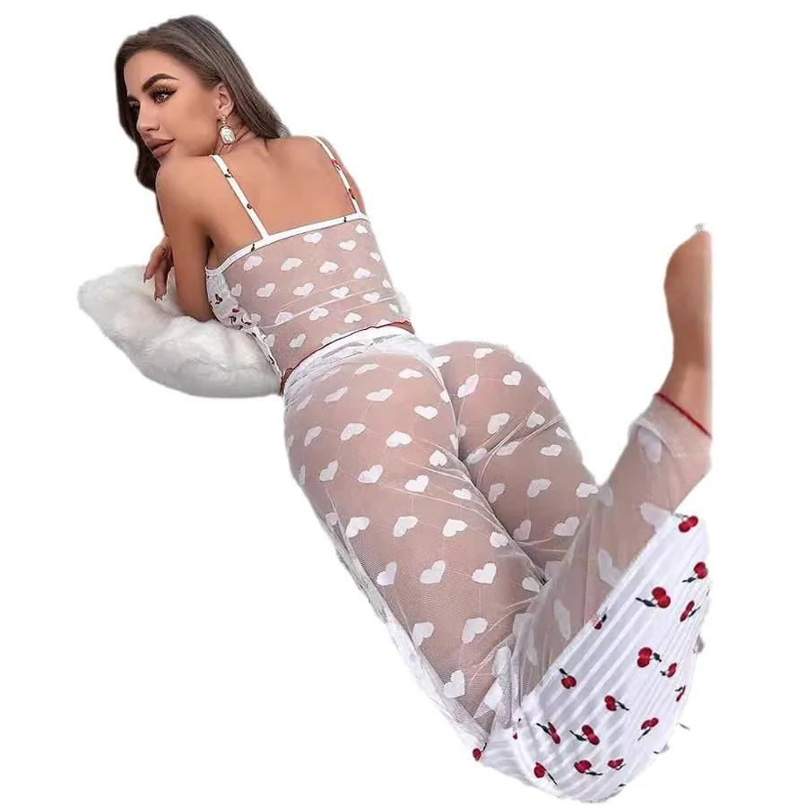Pyjamaset met camelotop van mesh met print en kleurblokken