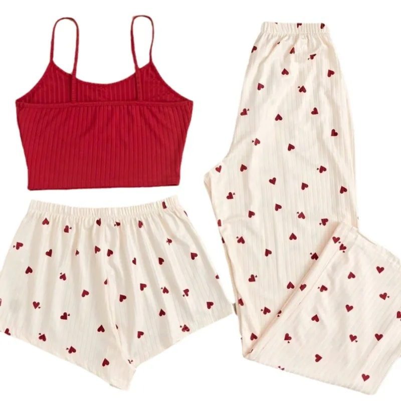 Pyjama-Set mit Herzmuster aus Top mit Spaghettiträgern, Shorts und Hose