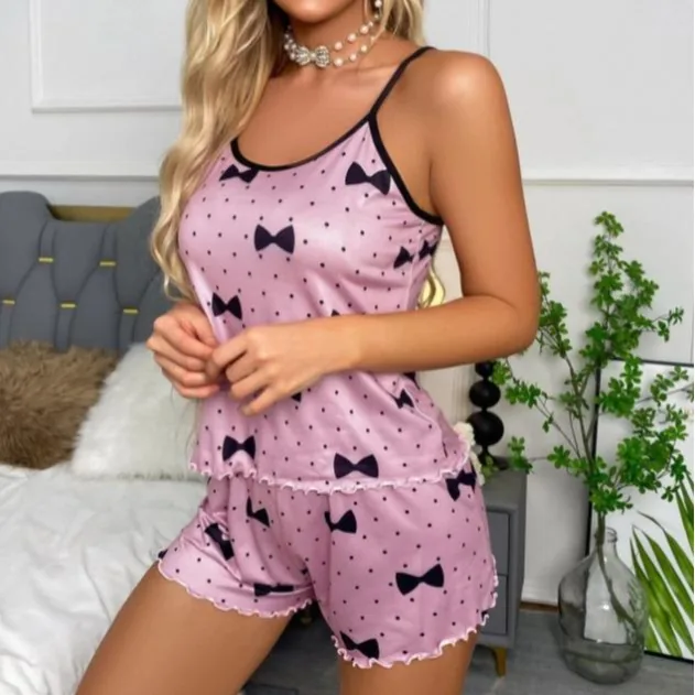 Camisole-Pyjama-Set mit Schleifen und Punktmuster