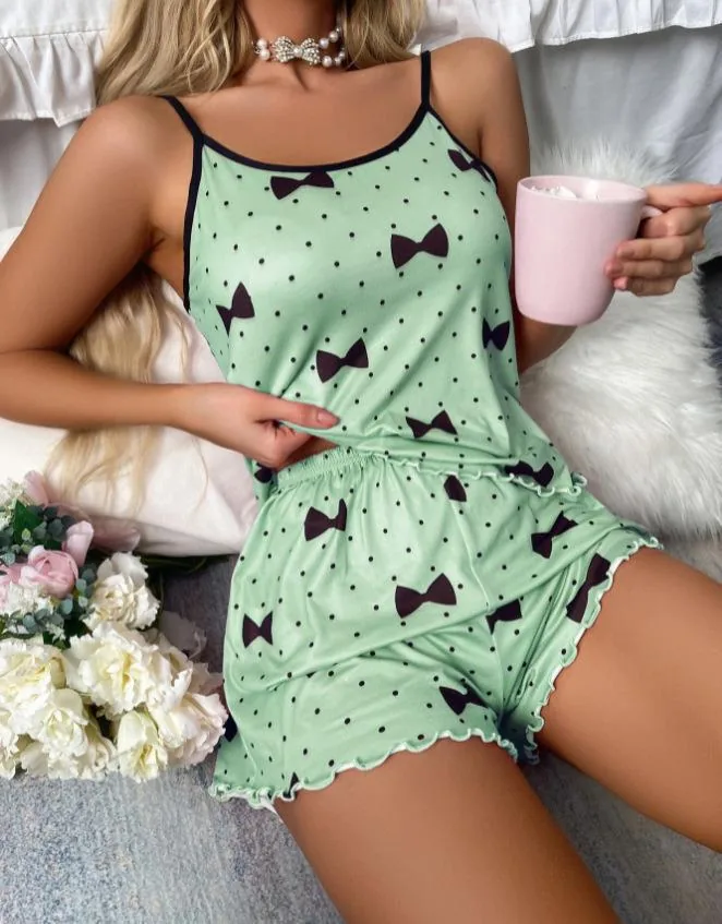 Camisole-Pyjama-Set mit Schleifen und Punktmuster
