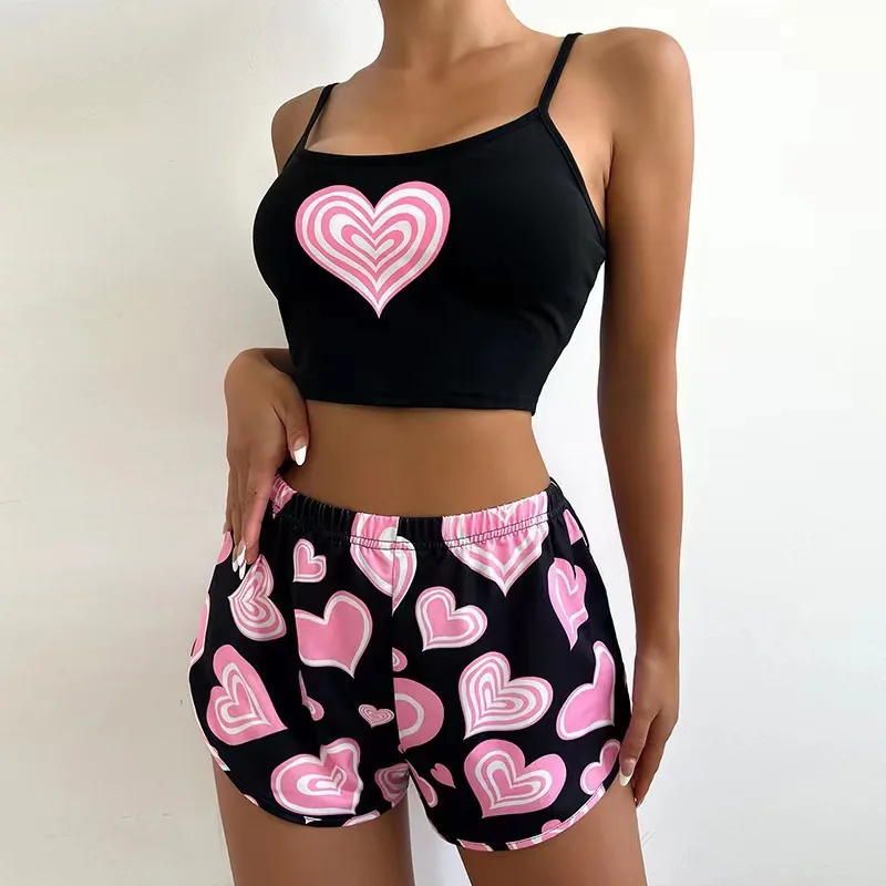 Pyjamas med linne och shorts i rosa hjärtmönster