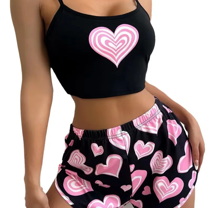 Pyjamas med linne och shorts i rosa hjärtmönster