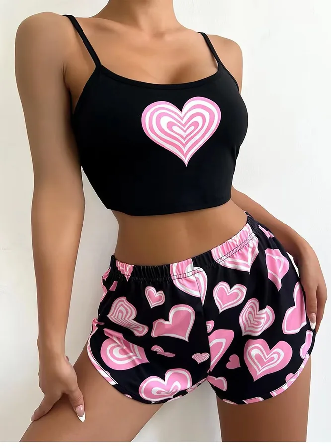 Pyjamas med linne och shorts i rosa hjärtmönster